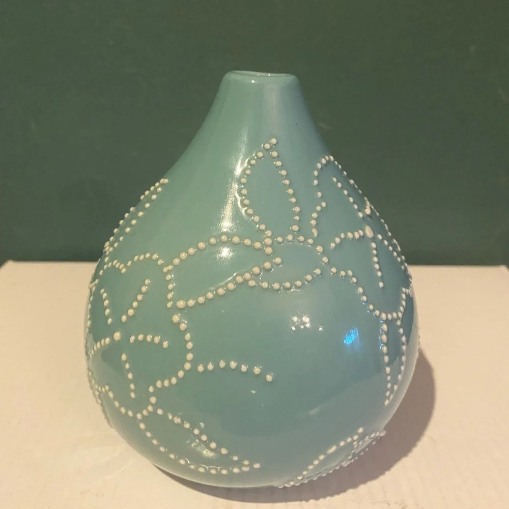 Crate & Barrel Turquoise Vase with Dot Flower Design